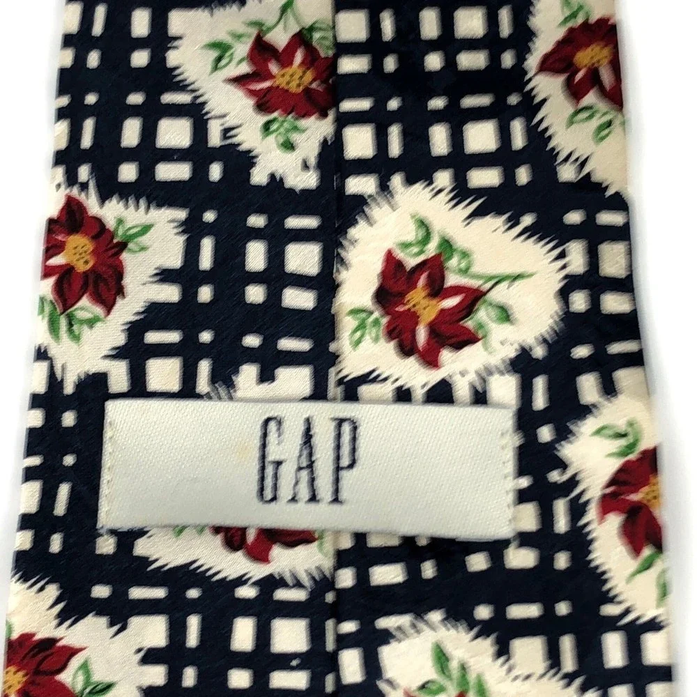 GAP Men's 100% Silk Beige Dark Blue Red Floral Flower Plaid Short Necktie